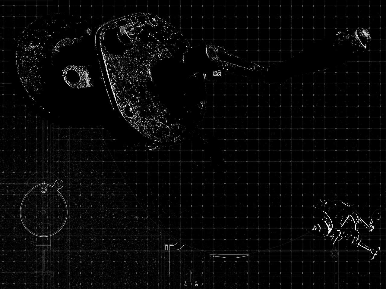 Abstract analytical study of a hand crank artifact, rendered in white line and grain against a dark grid — the visual origin of The Obsidian Rig.