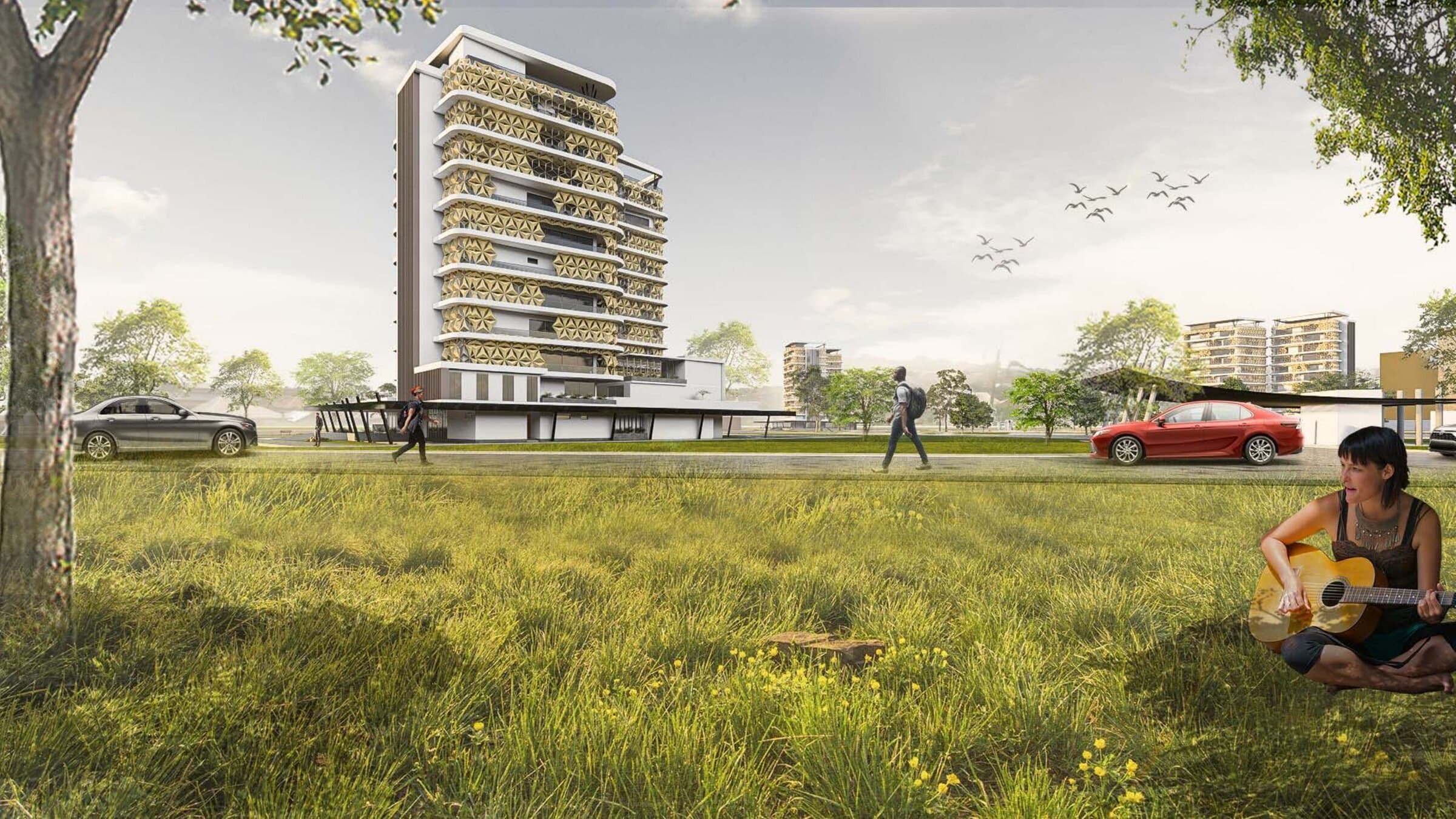Exterior rendering of Motile Heights, a high-rise residential tower with a patterned facade screen, set behind a grass lawn where a figure plays guitar in the foreground.