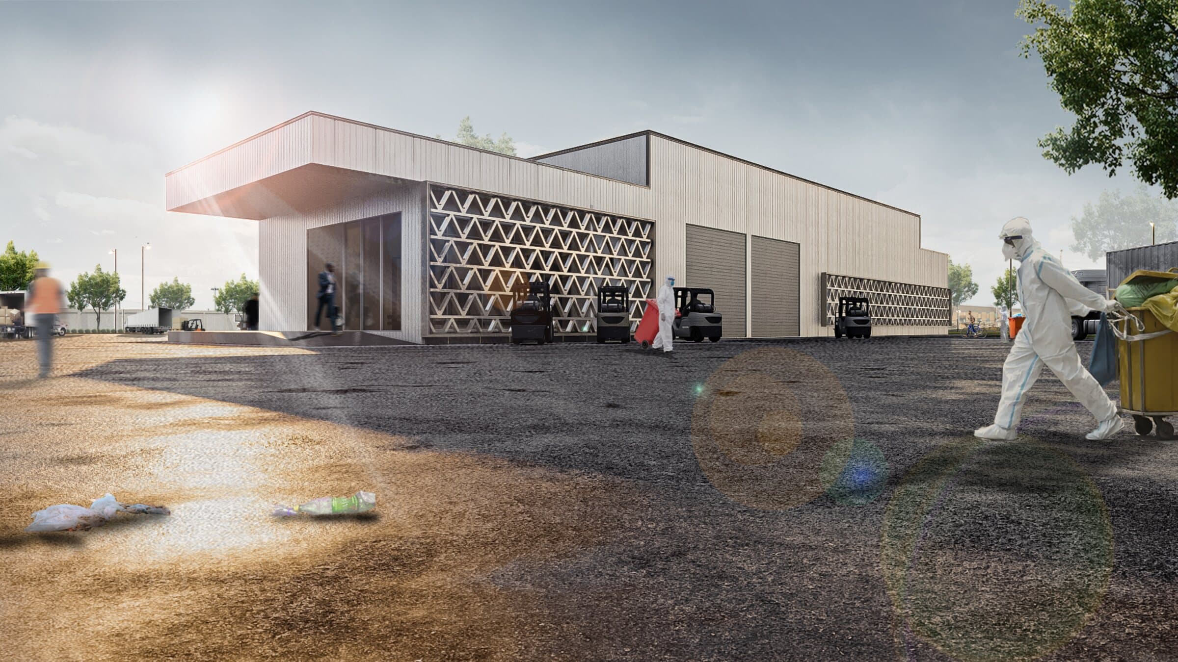Exterior rendering of an industrial materials-recovery facility with a triangulated timber lattice screen, workers in protective equipment and forklifts moving across the yard.