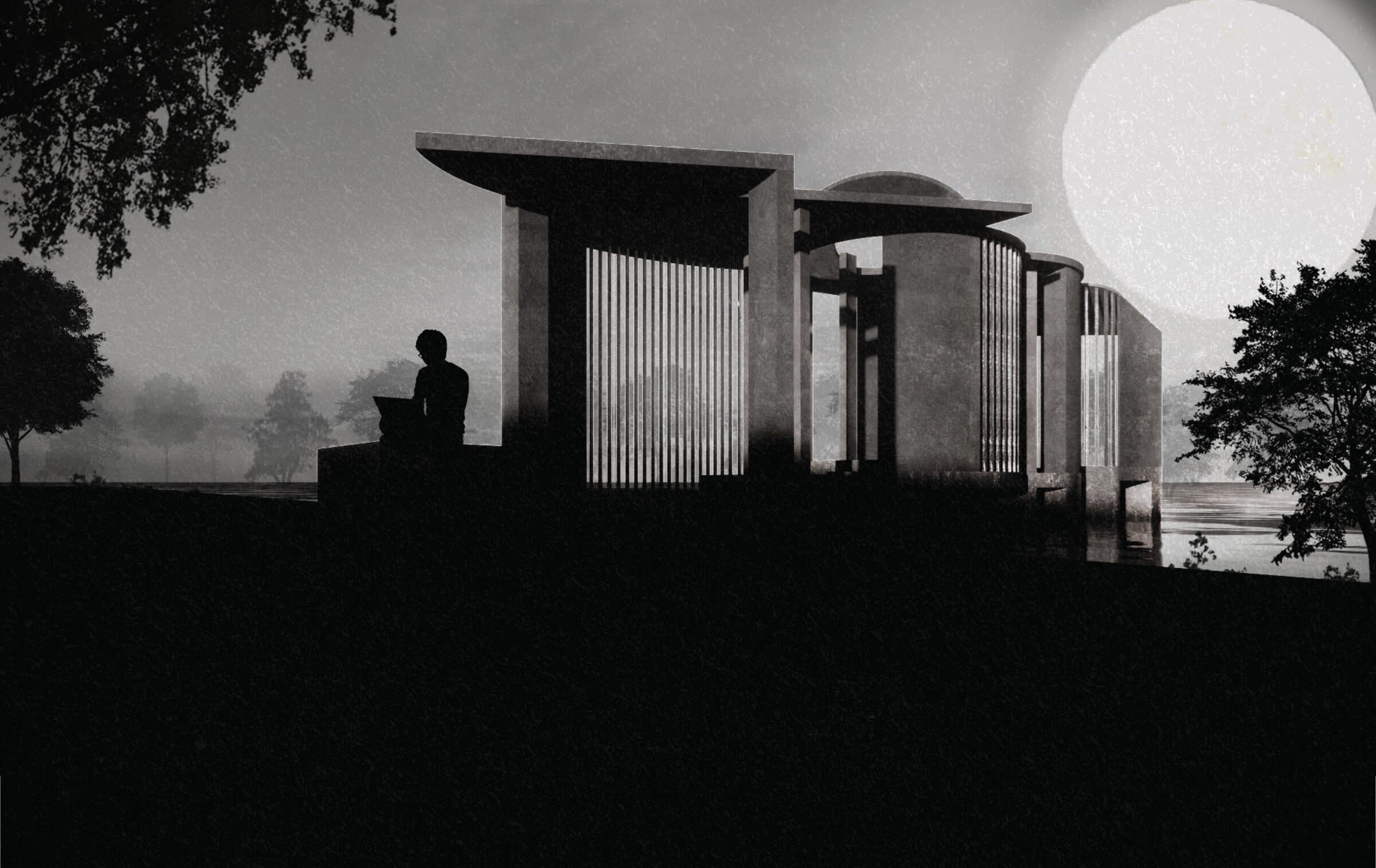 Night exterior rendering of The Obsidian Rig, a curved timber-screened meditation enclosure raised over water beneath a large moon, with a silhouetted figure seated at its threshold.